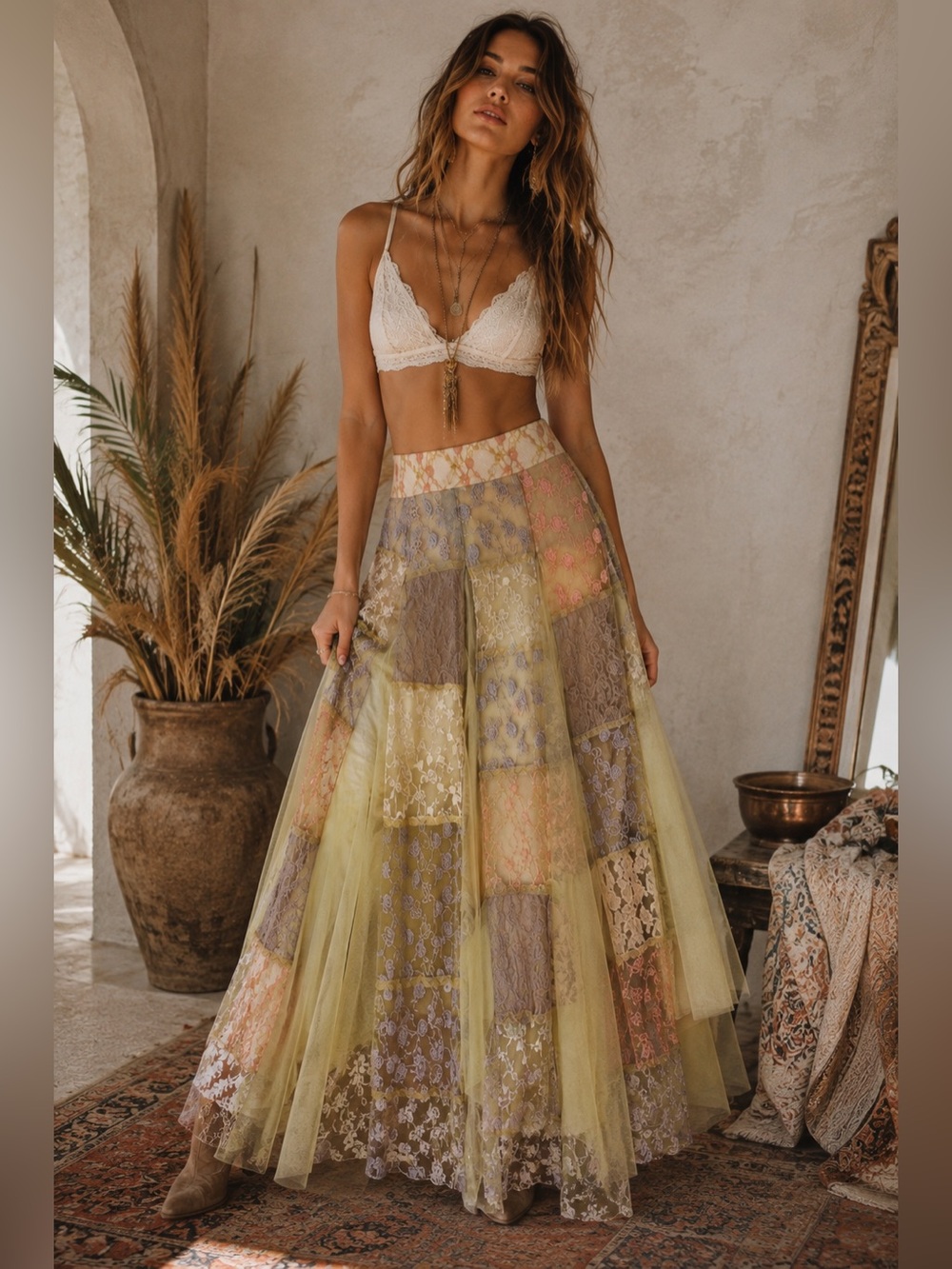 Free People Fantasy Patchwork Lace Maxi Skirt size 2